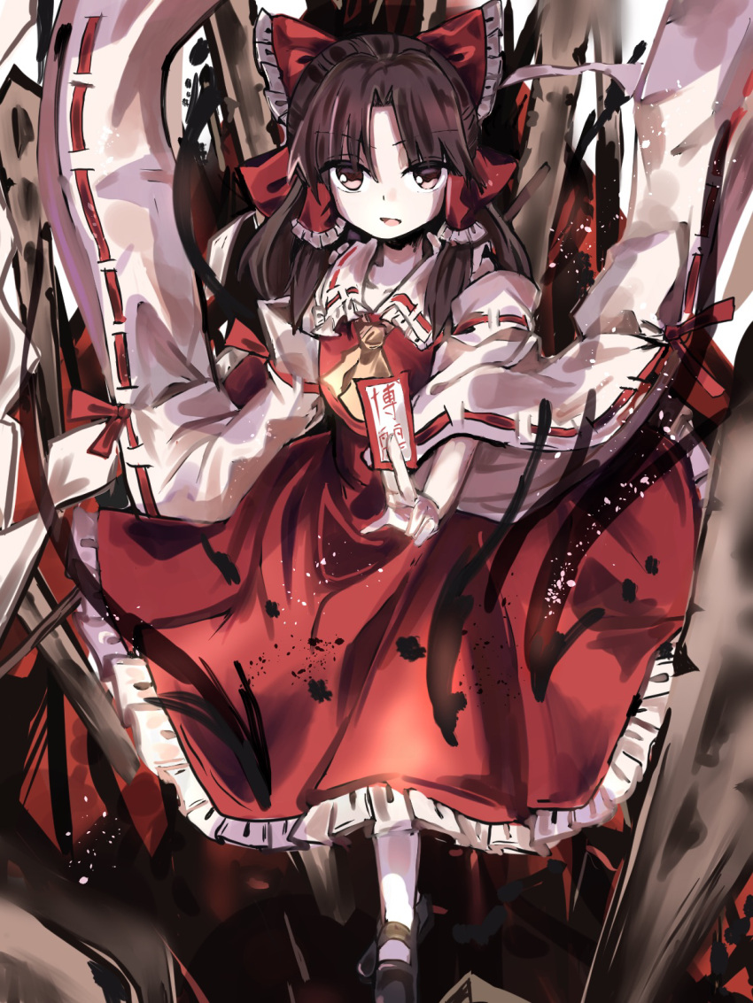 1girl ascot between_fingers black_footwear bow brown_eyes brown_hair detached_sleeves frilled_bow frilled_shirt_collar frilled_skirt frills hair_bow hakurei_reimu highres looking_at_viewer mary_janes medium_hair open_mouth red_bow red_ribbon red_shirt red_skirt ribbon ribbon-trimmed_sleeves ribbon_trim shirt shoes skirt solo sutaku77224 touhou wide_sleeves yellow_ascot