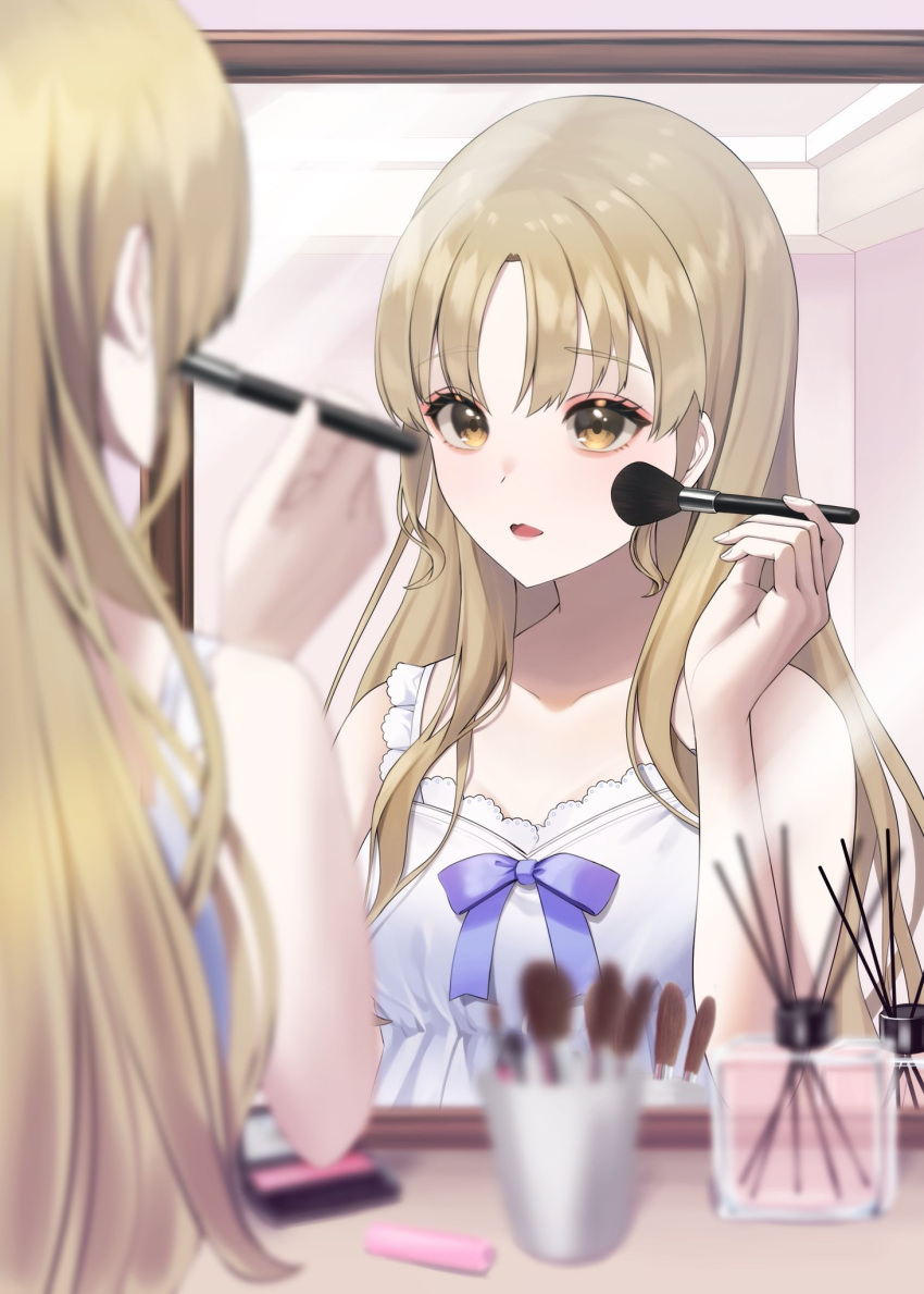 1girl bangs bare_arms bare_shoulders blonde_hair blue_bow blurry blurry_foreground bow brown_eyes depth_of_field dress eyebrows_visible_through_hair from_behind highres holding irise long_hair looking_at_mirror makeup_brush mirror nijisanji open_mouth parted_bangs sister_cleaire sleeveless sleeveless_dress solo upper_body virtual_youtuber white_dress