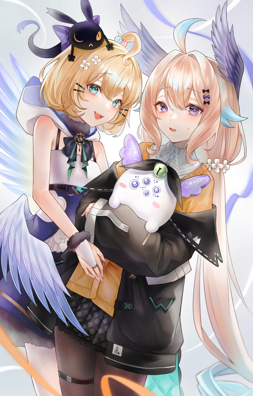 2girls absurdres ahoge aloupeep_(enna_alouette) bangs bare_shoulders bell bird_girl black_bow black_cat black_jacket black_legwear black_skirt blonde_hair blue_hair blue_wings bow cardigan cat character_name collared_shirt cosplay costume_switch dress enna_alouette enna_alouette_(cosplay) eyebrows_visible_through_hair fingernails flower gfpebs green_eyes hair_bow hair_flower hair_ornament head_tilt head_wings highres jacket looking_at_viewer lucie_(millie_parfait) millie_parfait millie_parfait_(cosplay) multicolored_hair multiple_girls multiple_wings nail_polish nijisanji nijisanji_en off_shoulder open_mouth orange_bow orange_cardigan orange_sweater pantyhose purple_bow purple_wings shirt skirt smile solo sweater thigh_strap twitter_username violet_eyes virtual_youtuber white_background white_shirt wide_sleeves wings witch