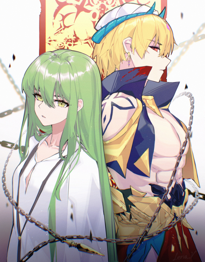 2boys absurdres arabian_clothes back-to-back bare_shoulders blonde_hair chain collared_vest cropped_vest earrings enkidu_(fate) enkidu_(weapon)_(fate) expressionless fate/grand_order fate_(series) gilgamesh_(fate) green_eyes green_hair highres jewelry leria_v long_hair looking_at_viewer looking_to_the_side midriff multiple_boys pants red_eyes red_pants short_hair slit_pupils staring turban upper_body very_long_hair vest white_robe