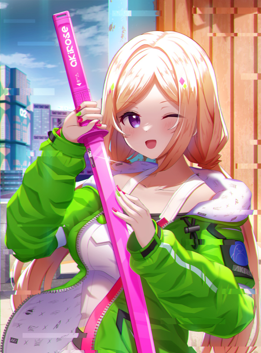 1girl ;d absurdres aki_rosenthal bangs blonde_hair blue_sky blush breasts building clouds cloudy_sky collarbone commentary_request cyberpunk_2077 day dress eyebrows_visible_through_hair glitch green_jacket green_nails highres holding holding_sword holding_weapon hololive hood hood_down hooded_jacket jacket katana long_hair long_sleeves looking_at_viewer low_twintails medium_breasts mikomiko_(mikomikosu) multicolored_nails nail_polish one_eye_closed open_clothes open_jacket outdoors parted_bangs puffy_long_sleeves puffy_sleeves red_nails sheath sheathed sky skyscraper sleeves_past_wrists smile solo sword twintails very_long_hair violet_eyes weapon white_dress