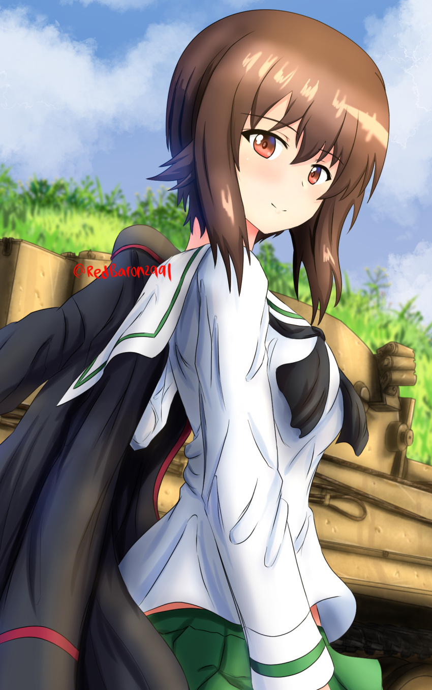 1girl alternate_costume bangs black_jacket black_neckerchief blouse blue_sky blurry blurry_background brown_eyes brown_hair closed_mouth clouds cloudy_sky commentary day depth_of_field dutch_angle eyebrows_visible_through_hair girls_und_panzer green_skirt ground_vehicle highres holding holding_clothes holding_jacket jacket jacket_over_shoulder jacket_removed kuromorimine_military_uniform long_sleeves looking_at_viewer looking_back military military_vehicle miniskirt motor_vehicle neckerchief nishizumi_maho ooarai_school_uniform outdoors pleated_skirt redbaron sailor_collar school_uniform serafuku short_hair skirt sky smile solo standing tank tiger_i twitter_username white_blouse white_sailor_collar