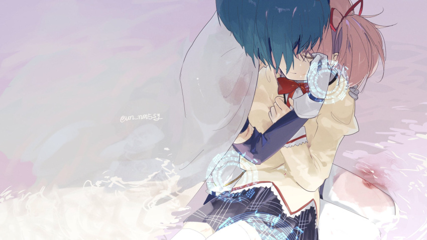2girls blood blue_hair bow bowtie cape closed_eyes clothing_request gesture_request gloves grey_background hair_ribbon hands_on_another's_shoulders highres hug hug_from_behind injury kaname_madoka looking_at_another looking_down magical_girl mahou_shoujo_madoka_magica miki_sayaka miniskirt mitakihara_school_uniform multiple_girls outdoors pink_hair red_bow red_bowtie red_ribbon ribbon school_uniform shirt short_hair sitting sitting_on_person sitting_on_water skirt thigh-highs twintails un_nm5sy water white_cape white_gloves white_legwear yellow_shirt yuri zettai_ryouiki