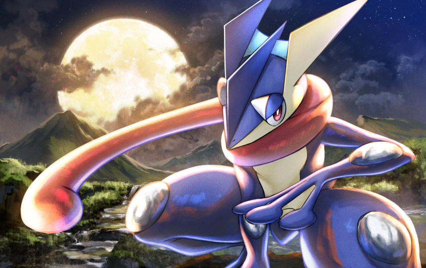 akky_(akimi1127) between_legs clouds cloudy_sky commentary_request full_moon greninja hand_between_legs highres long_tongue looking_at_viewer moon mountain night night_sky no_humans outdoors pokemon pokemon_(creature) red_eyes river sky solo squatting tongue water