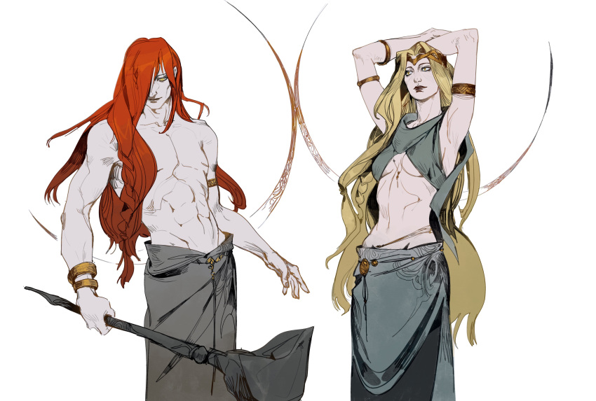 1boy 1girl abs absurdres armpits arms_up bangle blonde_hair bracelet breasts closed_mouth elden_ring hair_over_one_eye hammer highres holding holding_hammer holding_weapon jewelry long_hair muscular muscular_male navel one_eye_covered queen_marika_the_eternal radagon_of_the_golden_order redhead selann_dw smile standing stomach under_boob weapon white_background