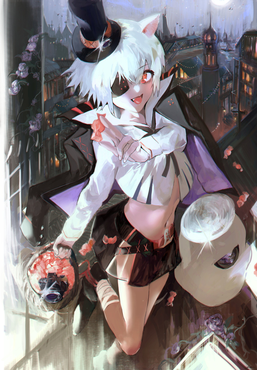 1girl absurdres animal_ears arknights bangs capelet click_(arknights) click_(grave_thief)_(arknights) commentary eyepatch halloween hat highres mouse_ears mouse_girl navel official_alternate_costume red_eyes short_hair shorts solo tongue tongue_out top_hat waiomori white_hair