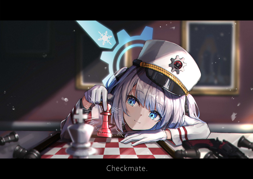 1girl absurdres black_ribbon blue_archive blue_eyes blurry board_game cherino_(blue_archive) chess chess_piece chessboard coat depth_of_field english_text eyebrows_visible_through_hair gloves gun hair_ribbon halo hat highres holding holding_chess_piece indoors kogane_ringo letterboxed light_particles light_rays long_hair long_sleeves looking_to_the_side military_hat nagant_m1895 picture_frame revolver ribbon shako_cap smile solo sunbeam sunlight table two_side_up weapon white_coat white_gloves white_hair white_headwear