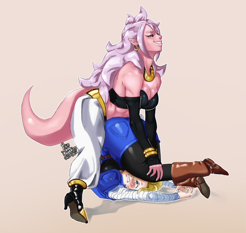 2girls android_18 android_21 ass baggy_pants blue_eyes blush boots breasts colored_skin dragon_ball dragon_ball_fighterz dragon_ball_z earrings high_heels highres jewelry leg_grab legs_over_head majin_android_21 multiple_girls non-web_source pants pink_skin pinned pointy_ears skirt smile sweatdrop tail white_eyebrows wrestling yuri