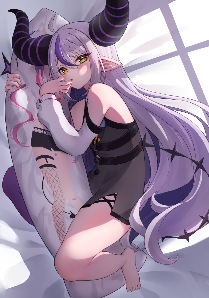 1girl absurdres ahoge bangs bare_legs bare_shoulders barefoot black_dress blush character_pillow dakimakura_(object) demon_horns detached_sleeves dress eyebrows_visible_through_hair full_body grey_hair hair_between_eyes higashigure highres hololive horns la+_darknesss long_hair looking_at_viewer lying multicolored_hair object_hug on_bed on_side parted_lips pillow pillow_hug pointy_ears purple_hair single_leg_pantyhose solo streaked_hair tokoyami_towa very_long_hair virtual_youtuber yellow_eyes