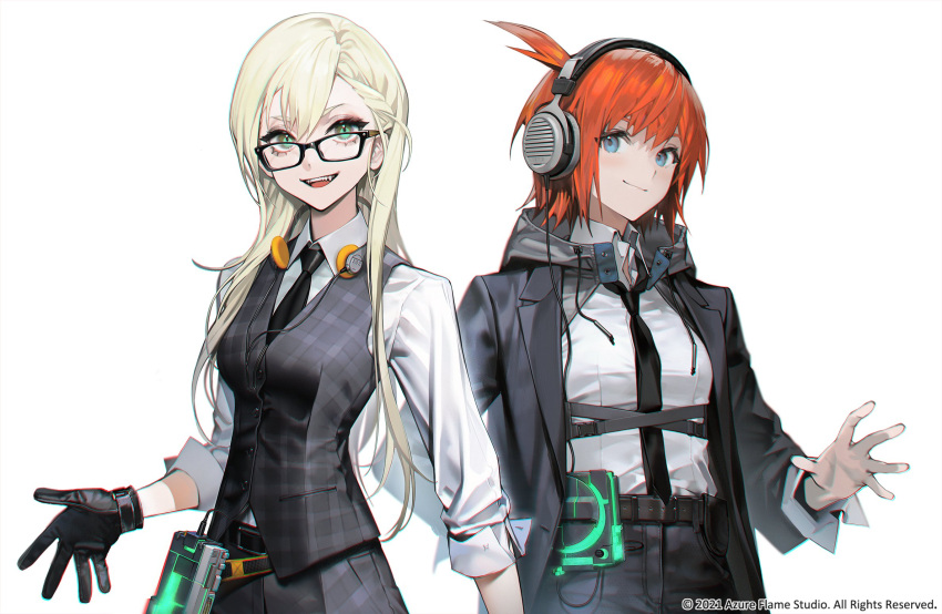 2girls bangs belt black-framed_eyewear black_belt black_gloves black_jacket blue_eyes blush breasts buttons closed_mouth collared_shirt commentary copyright_request glasses gloves green_eyes grey_vest hair_between_eyes headphones headphones_around_neck highres hood hood_down hooded_jacket jacket long_hair looking_at_viewer medium_hair multiple_girls open_clothes open_jacket open_mouth orange_hair pants quuni shirt simple_background smile symbol-only_commentary teeth upper_body upper_teeth vest white_background white_hair white_shirt