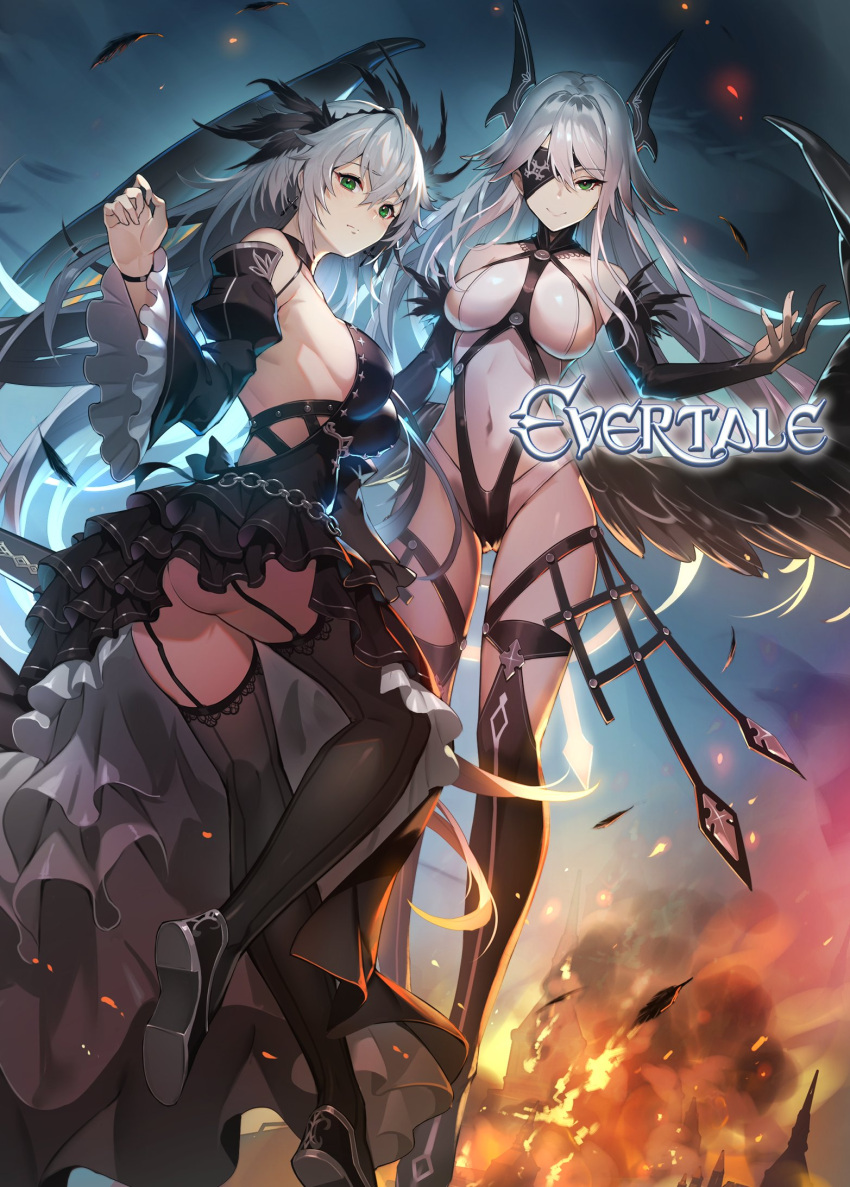 2girls arm_at_side artist_request bangs black_legwear black_wings breasts burning chain closed_mouth copyright_name detached_sleeves dress evertale eyepatch feathered_wings feathers floating garter_straps green_eyes hair_between_eyes halterneck hand_up highres jeanne_d'arc_(evertale) large_breasts leotard long_hair long_sleeves looking_at_viewer looking_back mikaela_(evertale) multiple_girls official_art one_eye_covered smile strapless strapless_dress thigh-highs watermark white_hair wings