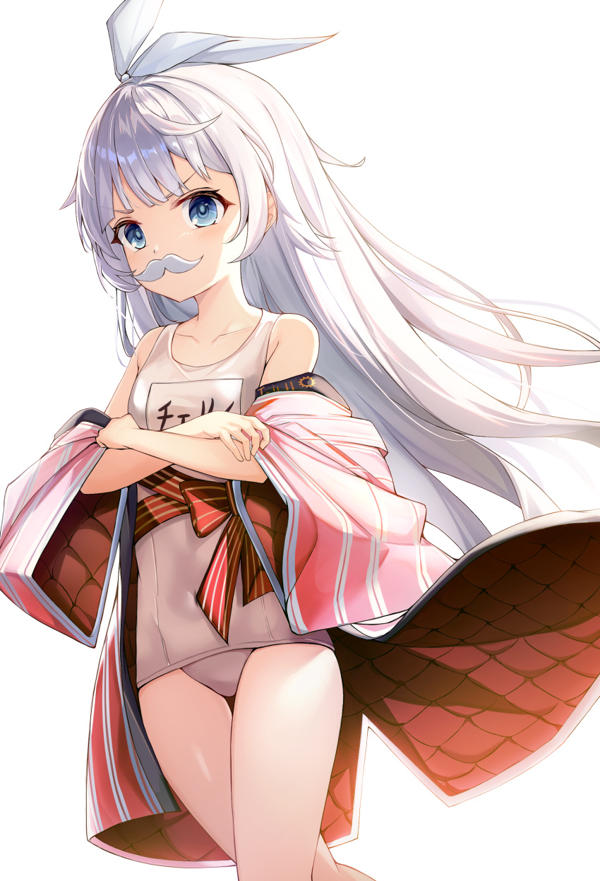 1girl absurdres bare_legs blue_archive blue_eyes bow breasts cherino_(blue_archive) cherino_(hot_spring)_(blue_archive) crossed_arms fake_facial_hair fake_mustache feet_out_of_frame hair_bow highres japanese_clothes long_hair looking_at_viewer off_shoulder official_alternate_costume open_clothes school_swimsuit simple_background small_breasts solo swimsuit swimsuit_under_clothes white_background white_bow white_hair white_swimsuit wide_sleeves zeroillya