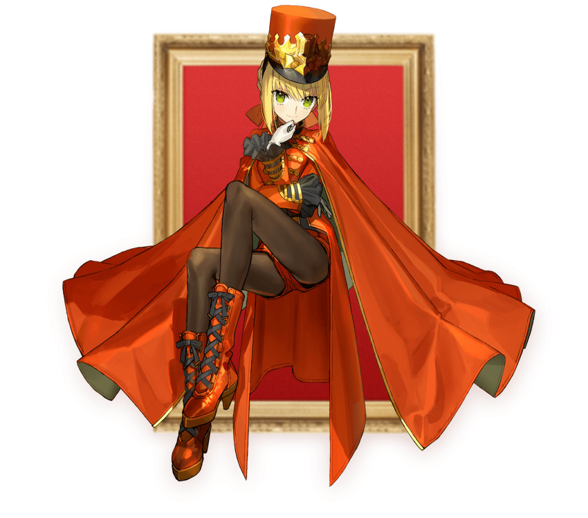 1girl alternate_costume band_uniform bangs blonde_hair blurry blurry_background boots braid cape closed_mouth cross-laced_footwear empty_picture_frame eyebrows_visible_through_hair eyelashes fate/extra fate_(series) french_braid frilled_sleeves frills full_body gloves green_eyes hair_between_eyes hand_on_own_chin hat highres lace-up_boots long_sleeves looking_at_viewer nero_claudius_(fate) nero_claudius_(fate/extra) pantyhose picture_frame promotional_art red_cape red_footwear red_headwear red_shorts red_skirt shako_cap short_shorts shorts skirt smile solo transparent_background wada_arco white_gloves