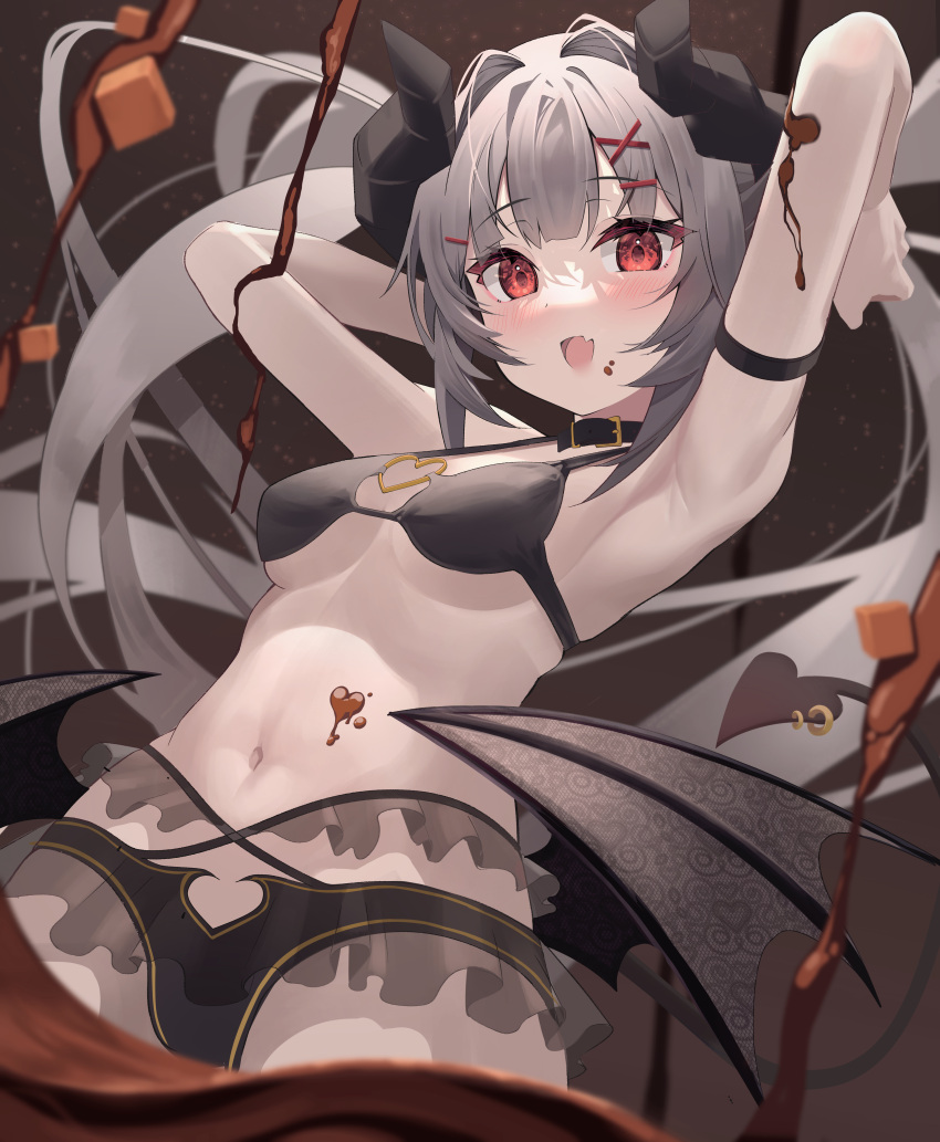 1girl :d absurdres arm_strap armpits arms_up bangs bat_wings bikini bikini_skirt black_bikini black_collar black_wings blurry blurry_background blurry_foreground blush breasts brown_background candy chocolate chocolate_on_body chocolate_on_face collar cowboy_shot demon_girl demon_horns demon_tail dodota eyebrows_visible_through_hair fang floating_hair food food_on_body food_on_face from_below grey_hair hair_intakes hair_ornament hairclip heart heart-shaped_chocolate heart_o-ring heart_tail highres horns long_hair looking_at_viewer low_wings navel original pale_skin piercing red_eyes see-through sidelocks skin_fang small_breasts smile solo standing stomach string_bikini swimsuit symbol-only_commentary tail tail_ornament tail_piercing very_long_hair wings x_hair_ornament