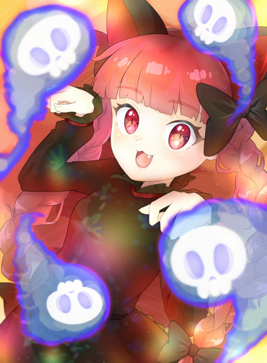 1girl :3 :d animal_ears bangs blue_fire blunt_bangs blush bow braid cat_ears dress eyebrows_visible_through_hair fang fire flaming_skull floating_skull green_dress hair_bow highres hitodama kaenbyou_rin kawa_hagi long_hair long_sleeves looking_at_viewer open_mouth paw_pose red_eyes redhead skull smile solo touhou twin_braids very_long_hair