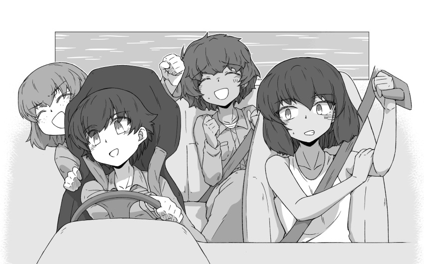 4girls bangs bob_cut clenched_hands closed_eyes commentary dark-skinned_female dark_skin driving eyebrows_visible_through_hair freckles frown girls_und_panzer greyscale grimace grin highres hoshino_(girls_und_panzer) jumpsuit long_sleeves looking_at_another mechanic monochrome multiple_girls nakajima_(girls_und_panzer) open_mouth outside_border raised_fist renshiu short_hair smile suzuki_(girls_und_panzer) sweatdrop tank_top tsuchiya_(girls_und_panzer) uniform vehicle_interior