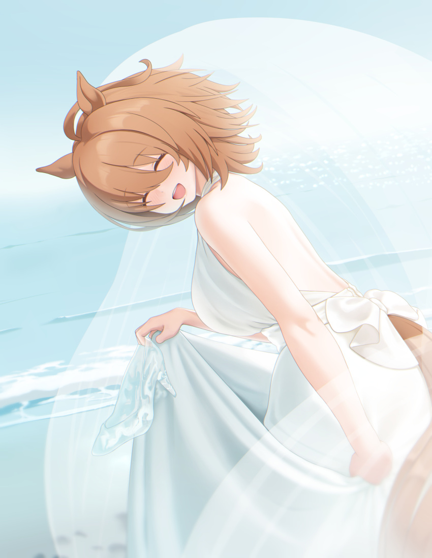 1girl :d agnes_tachyon_(umamusume) animal_ears backless_dress backless_outfit bangs bare_arms bare_shoulders blue_sky blush breasts bridal_veil brown_hair closed_eyes commentary_request cowboy_shot day dress dress_shirt eyebrows_visible_through_hair facing_viewer from_side hahakigi hair_between_eyes highres horse_ears horse_girl horse_tail large_breasts leaning_forward ocean open_mouth outdoors see-through shirt short_hair sky smile solo tail tail_through_clothes umamusume veil water