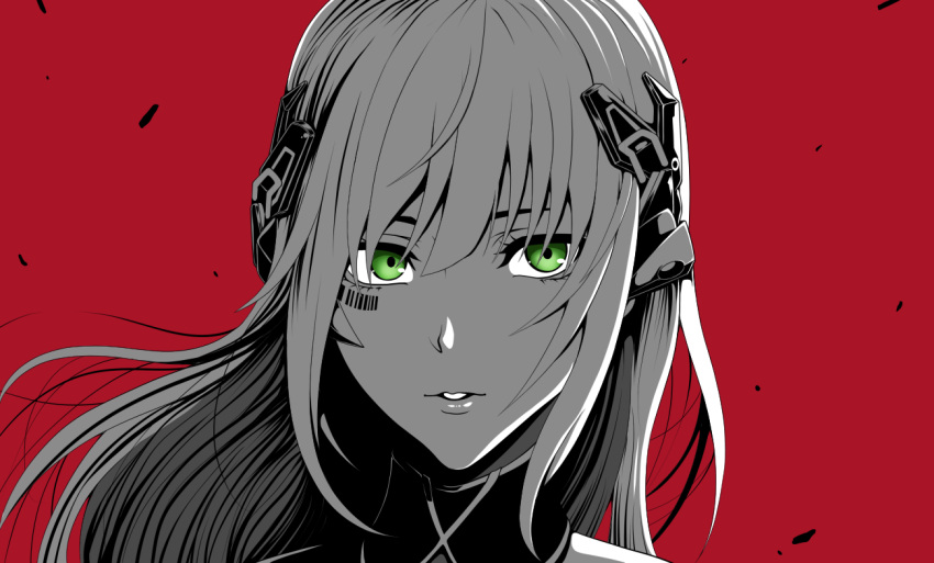 1girl bangs barcode barcode_tattoo eyebrows_visible_through_hair facial_mark facial_tattoo gager_(girls'_frontline) girls_frontline green_eyes hair_ornament hairclip long_hair looking_at_viewer open_mouth ouga_(user_ctzw2237) parted_lips red_background sangvis_ferri silver_hair solo tattoo upper_body