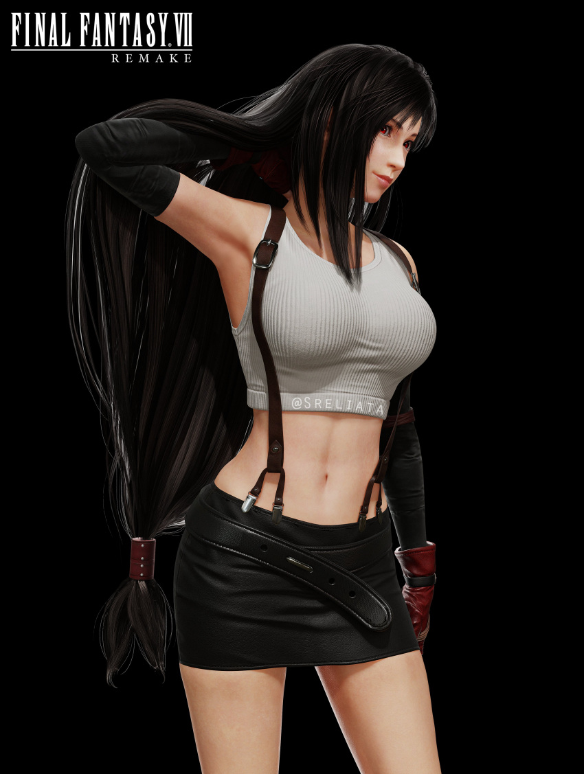 1girl 3d absurdres arm_up armpits artist_name bare_shoulders belt black_background black_hair black_skirt breasts closed_mouth copyright_name crop_top detached_sleeves feet_out_of_frame female final_fantasy final_fantasy_vii final_fantasy_vii_remake gloves hand_in_hair highres large_breasts long_hair low-tied_long_hair midriff miniskirt navel red_eyes red_gloves simple_background skirt sleeveless solo sreliata standing suspender_skirt suspenders tank_top tifa_lockhart title_drop twitter_username
