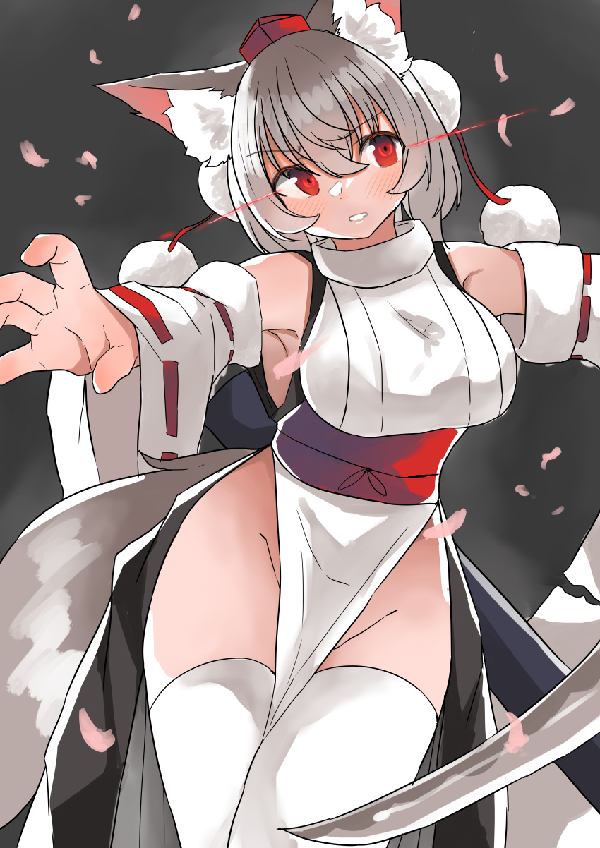 1girl absurdres animal_ears bangs bare_shoulders breasts grey_background highres holding holding_sword holding_weapon inubashiri_momiji japanese_clothes katana kourindou_tengu_costume large_breasts looking_at_viewer no_panties open_mouth petals red_eyes regua short_hair simple_background solo sword thigh-highs thighs touhou weapon white_hair white_legwear white_sleeves wolf_ears wolf_girl