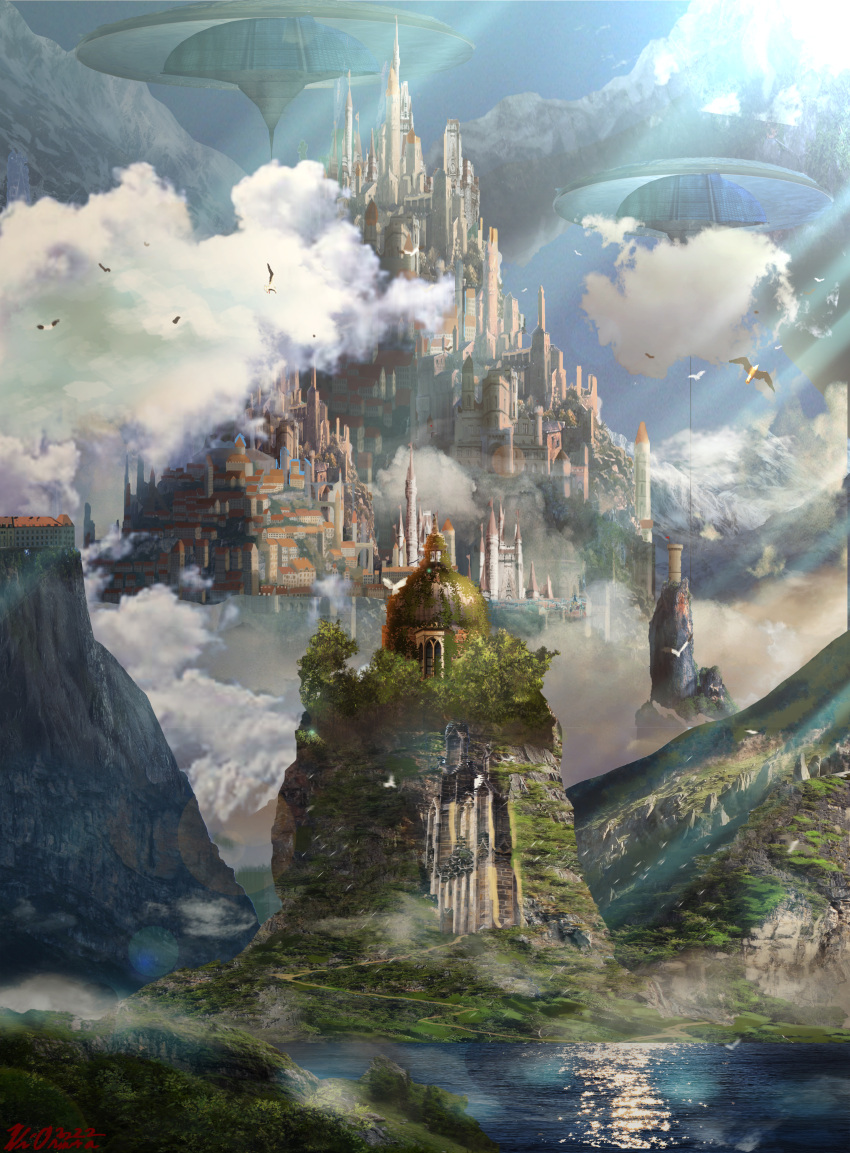 absurdres bird building castle clouds commentary_request fantasy highres lake mixed_media mountain no_humans original outdoors overgrown scenery signature sunlight warera