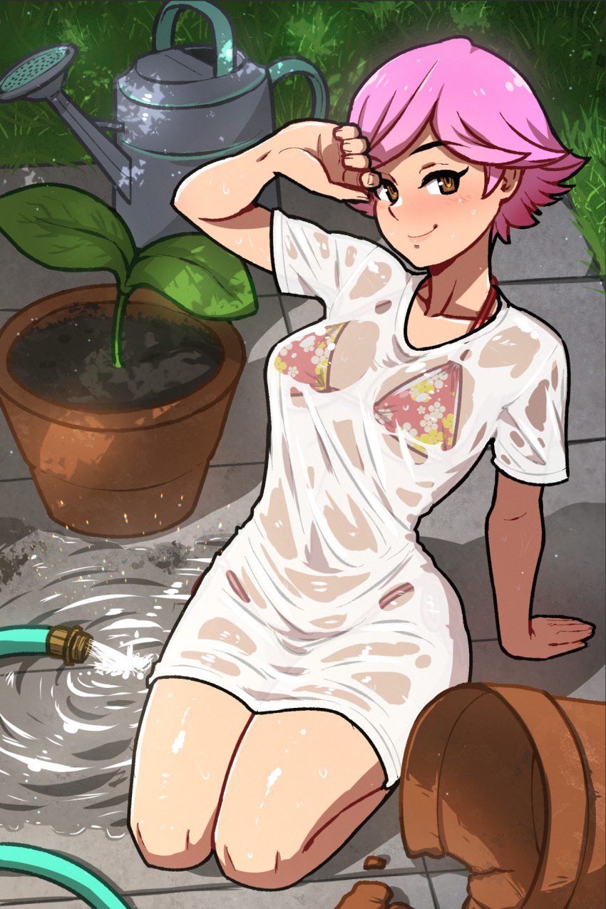 1girl akairiot animal_crossing arm_support bangs bare_legs bikini bikini_under_clothes blush breasts broken brown_eyes closed_mouth collarbone eyebrows_visible_through_hair flipped_hair floral_print flower_pot full_body highres hose looking_at_viewer medium_breasts no_pants on_ground outdoors pink_hair plant potted_plant see-through seiza shirt short_hair short_sleeves sitting smile smirk solo sunlight super_smash_bros. swept_bangs swimsuit t-shirt tsurime villager_(animal_crossing) water watering_can wet wet_clothes wet_shirt white_shirt wiping_forehead