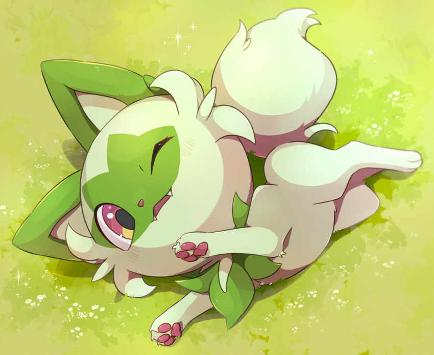 animal_focus blush cat commentary_request day fangs full_body grass highres ktyon3 looking_at_viewer lying no_humans on_back on_grass one_eye_closed open_mouth outdoors pawpads pokemon pokemon_(creature) red_eyes smile sprigatito