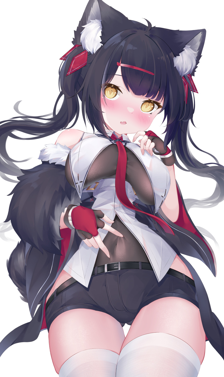 1girl absurdres animal_ear_fluff animal_ears bangs bare_shoulders black_hair black_shorts blush bodystocking breast_curtains breasts bridal_gauntlets covered_navel cowboy_shot detached_sleeves fingerless_gloves gloves highres konotuki large_breasts long_hair looking_at_viewer micro_shorts original parted_lips shorts simple_background solo tail thigh-highs thigh_gap twintails white_background white_legwear wide_sleeves yellow_eyes