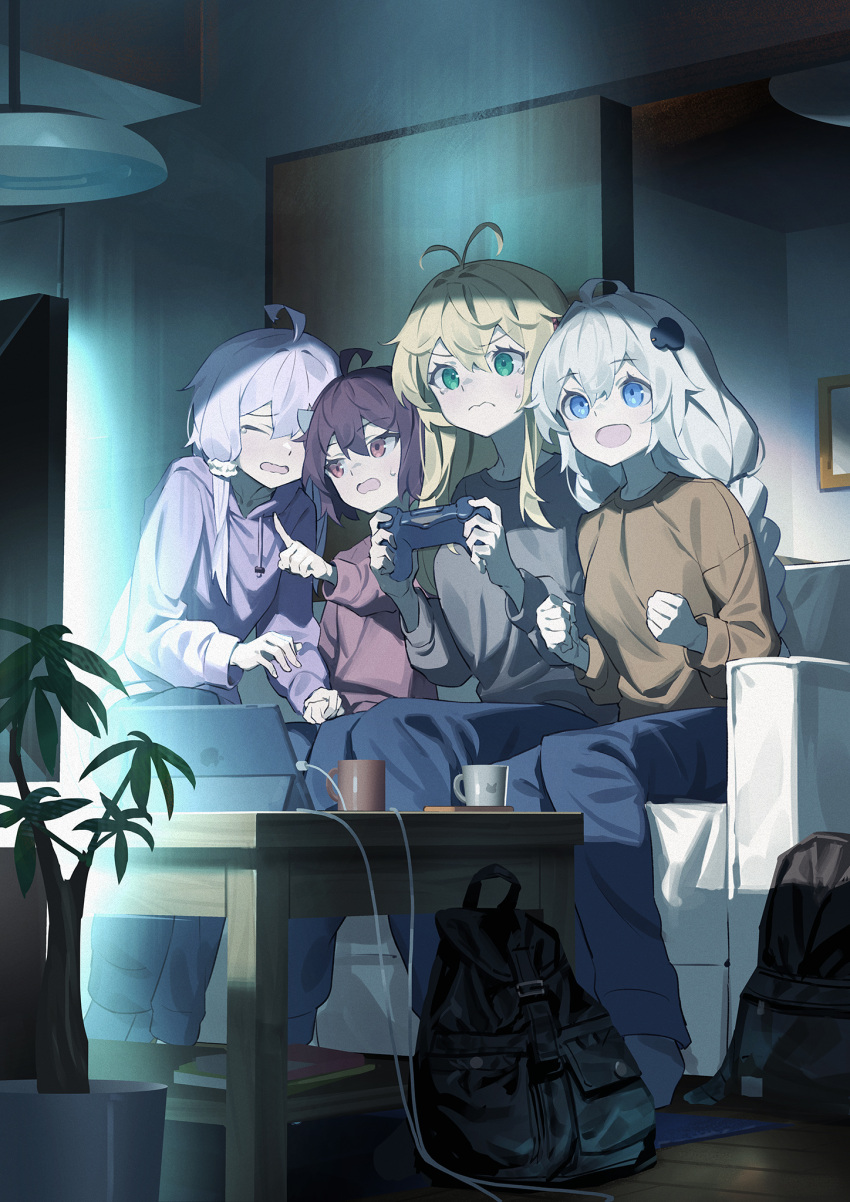 4girls ahoge alternate_costume antenna_hair backpack bag bangs blonde_hair braid clenched_hands closed_eyes closed_mouth commentary_request controller couch cup game_controller green_eyes hair_ornament highres hood hoodie indoors kizuna_akari multiple_girls open_mouth pants plant playing_games pointing potted_plant purple_hair shirt short_hair_with_long_locks sitting sweat tablet_pc tears television touhoku_kiritan tsurumaki_maki twin_braids vocaloid voiceroid wavy_mouth white_hair yamamomo_(plank) yuzuki_yukari