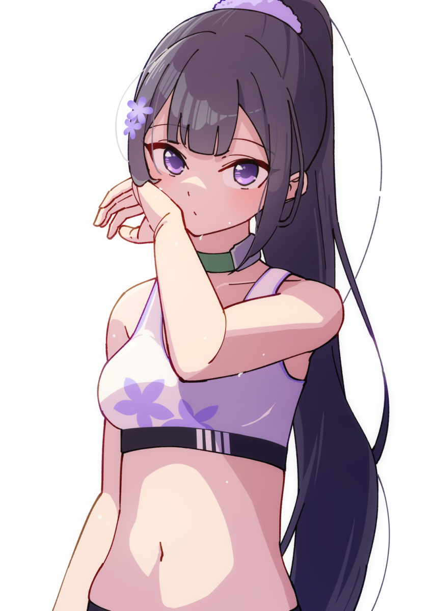 1girl afnroll black_hair blue_archive choker closed_mouth crop_top flower green_choker hair_flower hair_ornament hand_up highres light_blush long_hair looking_at_viewer midriff ponytail simple_background solo sports_bra sumire_(blue_archive) sweat upper_body violet_eyes white_background