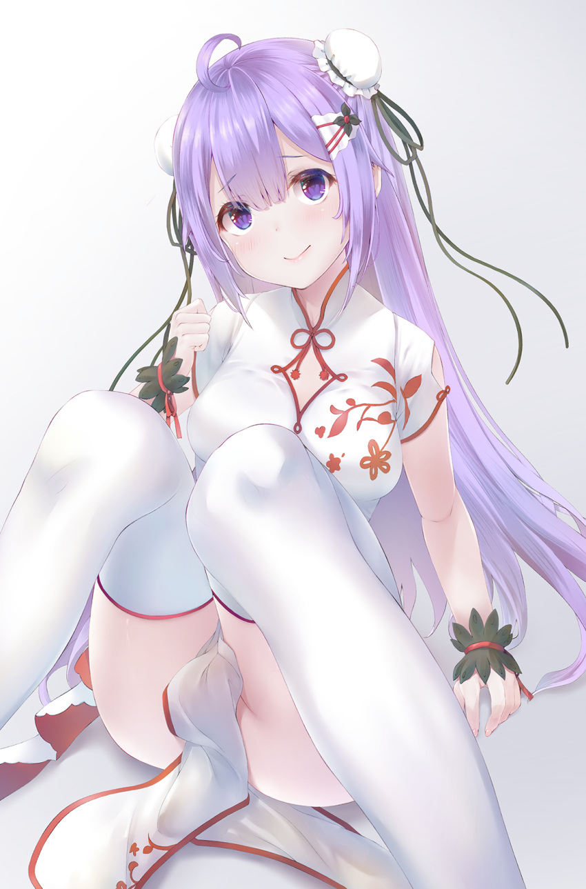 1girl ahoge azur_lane bangs breasts bun_cover clenched_hand closed_mouth commentary_request double_bun dress eyebrows_visible_through_hair feet_out_of_frame gradient gradient_background grey_background hair_between_eyes hand_up highres knees_together_feet_apart knees_up long_hair medium_breasts nakazawa_aki pelvic_curtain purple_hair short_sleeves sitting smile solo thigh-highs unicorn_(azur_lane) unicorn_(the_gift_of_spring)_(azur_lane) very_long_hair violet_eyes white_background white_dress white_legwear wrist_cuffs
