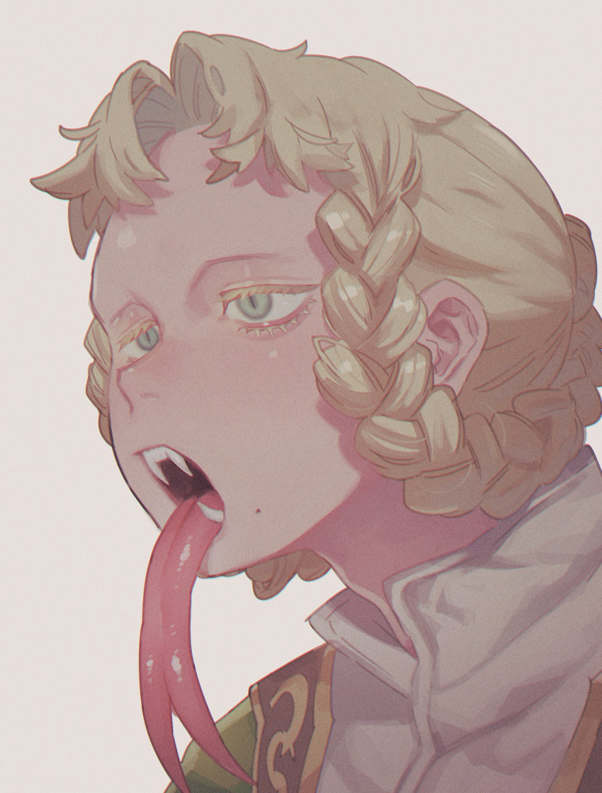 1girl bangs blonde_hair braid elden_ring fangs fangs_out forked_tongue green_eyes hair_rings half-closed_eyes highres long_eyelashes long_tongue looking_to_the_side mole mole_under_mouth norasame_(dagako) open_mouth parted_bangs portrait rya_(elden_ring) short_hair simple_background slit_pupils solo tongue white_background