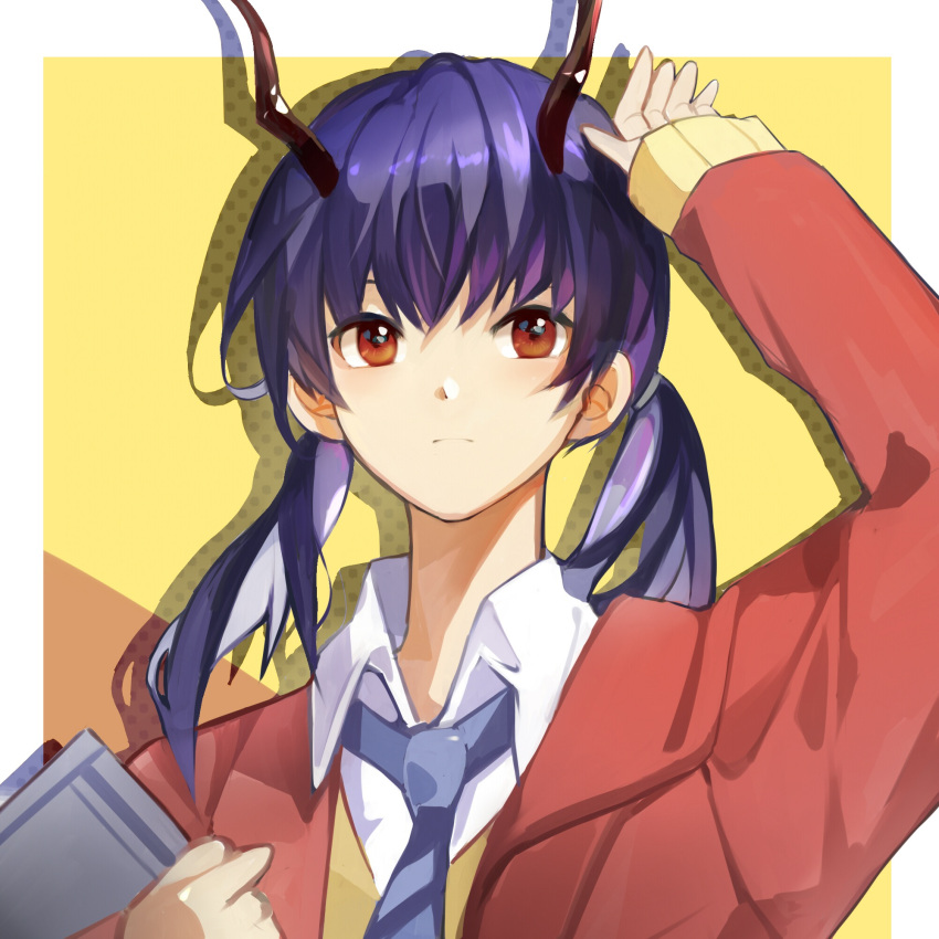 1girl arknights arm_up bangs blue_hair blue_necktie ch'en_(arknights) commentary_request dragon_horns drop_shadow dumenggu highres holding horns jacket long_hair long_sleeves low_twintails necktie red_eyes red_jacket solo twintails upper_body