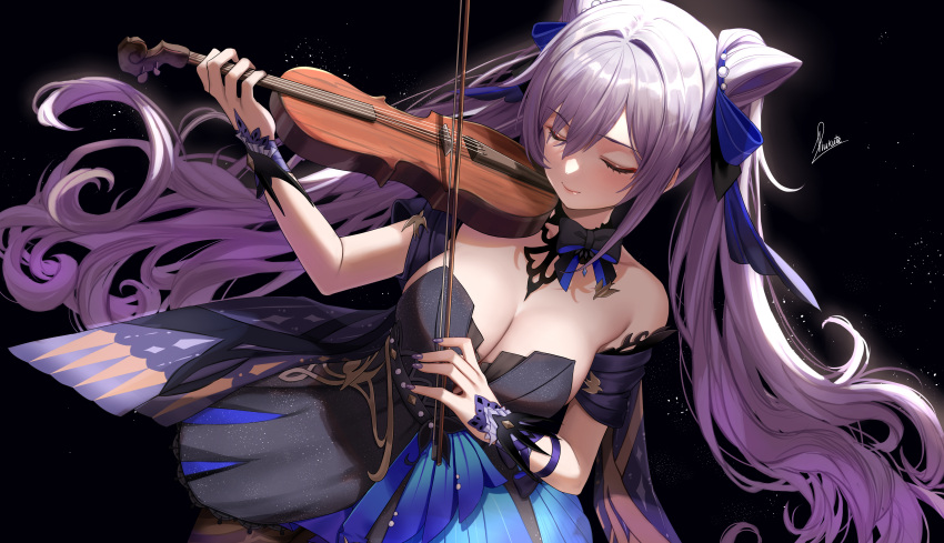 1girl absurdres bangs bare_shoulders black_dress blue_skirt blush breasts closed_eyes closed_mouth dress duplicate genshin_impact hair_cones hair_ribbon highres instrument keqing_(genshin_impact) keqing_(opulent_splendor)_(genshin_impact) long_hair medium_breasts music nail_polish official_alternate_costume piukute062 playing_instrument purple_hair purple_nails ribbon skirt solo swept_bangs twintails two-tone_ribbon violin