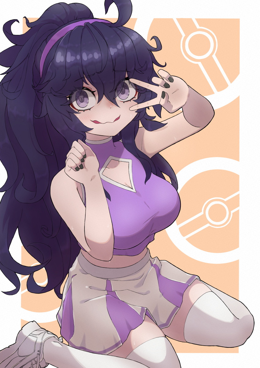 1girl @_@ absurdres ahoge alternate_breast_size alternate_costume alternate_hairstyle arm_up armpits bangs blush border breasts cheerleader cleavage_cutout clothing_cutout commentary_request crop_top crop_top_overhang crossed_bangs eyebrows_visible_through_hair hairband halter_top halterneck hex_maniac_(pokemon) highres impossible_clothes jaguarsee large_breasts long_hair looking_at_viewer messy_hair midriff miniskirt navel open_mouth orange_background outside_border patterned_background pleated_skirt poke_ball pokemon pokemon_(game) pokemon_xy ponytail purple_hairband purple_shirt purple_skirt r shirt shoes sitting skirt sleeveless sleeveless_shirt smile sneakers solo stomach sweat sweatdrop thigh-highs two-tone_skirt v v_over_eye wariza wavy_mouth white_background white_border white_footwear white_legwear white_skirt