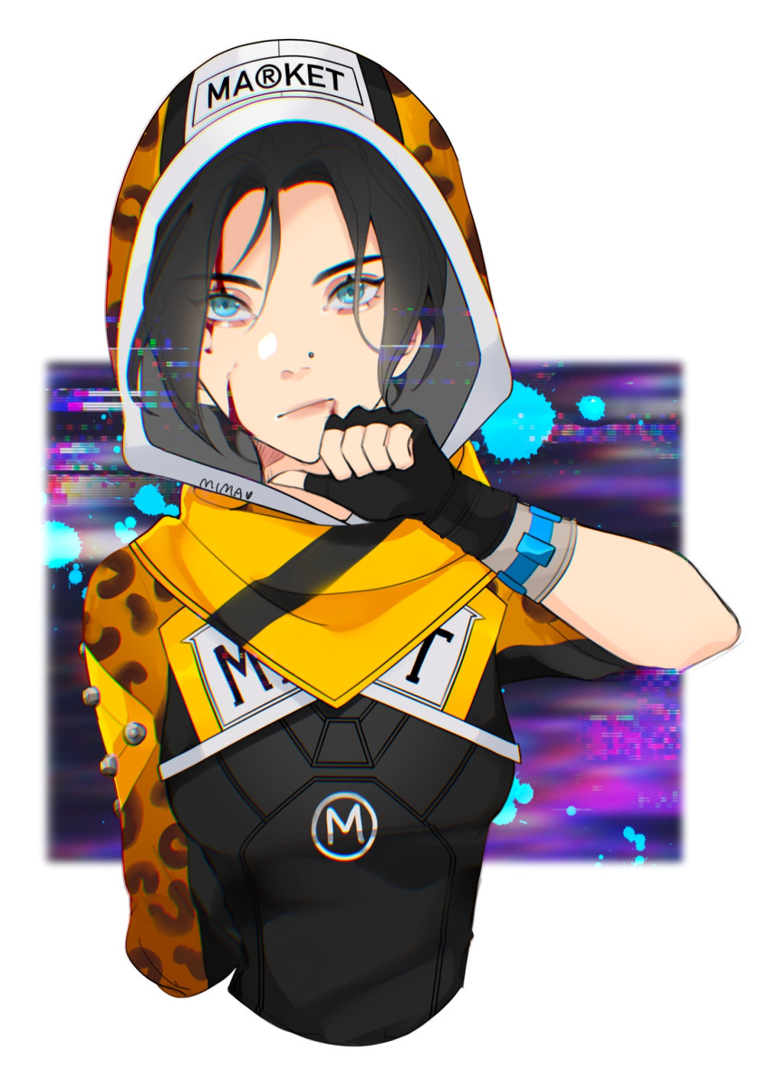 1girl animal_print apex_legends bangs black_bodysuit black_gloves black_hair blood blood_on_face blue_eyes bodysuit breasts fingerless_gloves glitch gloves heart highres hood hood_up itsaboutspoons leopard_print medium_breasts nose_piercing official_alternate_costume parted_bangs piercing ringside_wraith scarf shrug_(clothing) solo wraith_(apex_legends) yellow_scarf