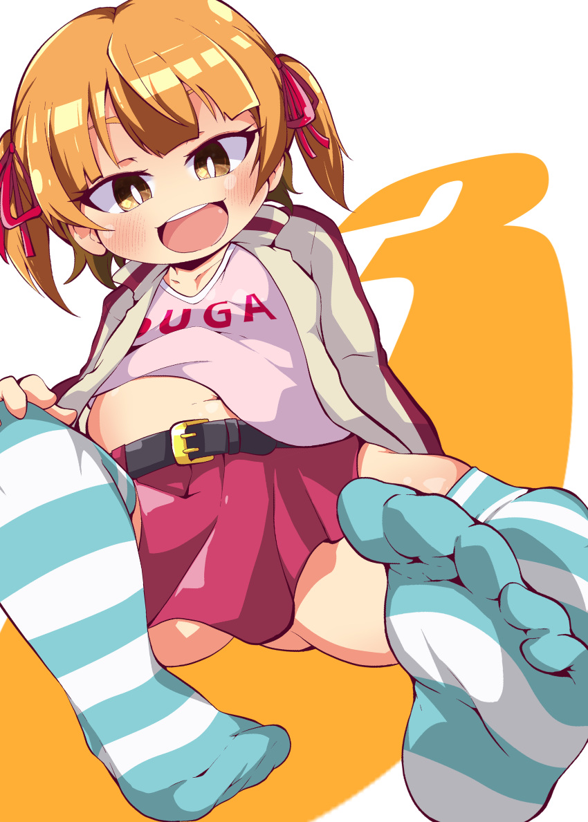 1girl absurdres bangs belt belt_buckle blunt_bangs blush buckle collarbone commentary_request highres light_brown_hair marui_mitsuba medium_hair mitsudomoe navel no_shoes open_mouth pink_shirt shinsou_komachi shirt sitting solo striped striped_legwear thick_thighs thigh-highs thighs tsurime two_side_up white_background yellow_eyes