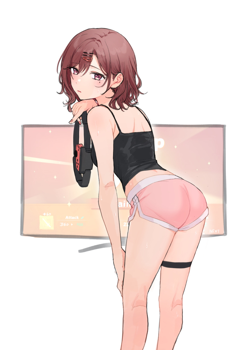 1girl absurdres ass bangs bare_arms black_shirt brown_hair camisole eyebrows_visible_through_hair feet_out_of_frame from_behind hair_behind_ear hair_between_eyes hair_ornament hairclip hand_on_own_thigh highres higuchi_madoka holding leaning_forward looking_at_viewer looking_back medium_hair mole mole_under_eye nail_polish nonbire pink_eyes pink_nails pink_shorts ring-con ring_fit_adventure shirt shorts solo standing sweat thigh_strap