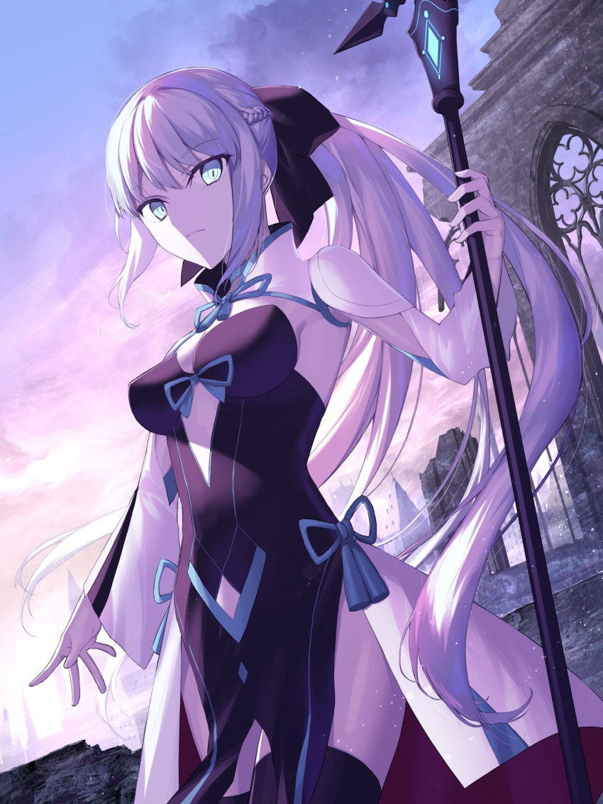 1girl bangs black_bow black_dress black_footwear blue_eyes boots bow braid breasts dress fate/grand_order fate_(series) french_braid grey_hair hair_bow high_heel_boots high_heels highres large_breasts long_hair long_sleeves looking_at_viewer looking_back morgan_le_fay_(fate) pelvic_curtain ponytail sidelocks solo spikes staff tamitami020343 thigh-highs thigh_boots tiara two-tone_dress very_long_hair white_dress wide_sleeves