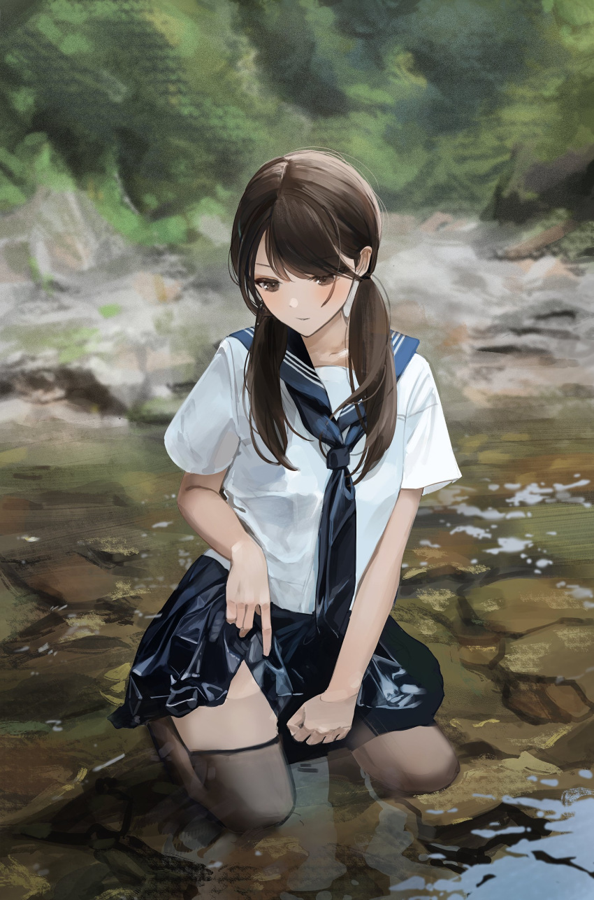 1girl absurdres bangs black_legwear blue_neckerchief blue_sailor_collar blue_skirt blush breasts brown_eyes brown_hair closed_mouth clothes_lift english_commentary full_body hair_over_breasts hair_over_one_eye highres holding holding_clothes in_water long_hair looking_down lunia neckerchief necktie original reflection reflective_water ripples riverbank sailor_collar school_uniform seiza shirt short_sleeves sitting skirt skirt_lift small_breasts solo stone stream striped thigh-highs twintails water wet wet_clothes white_shirt