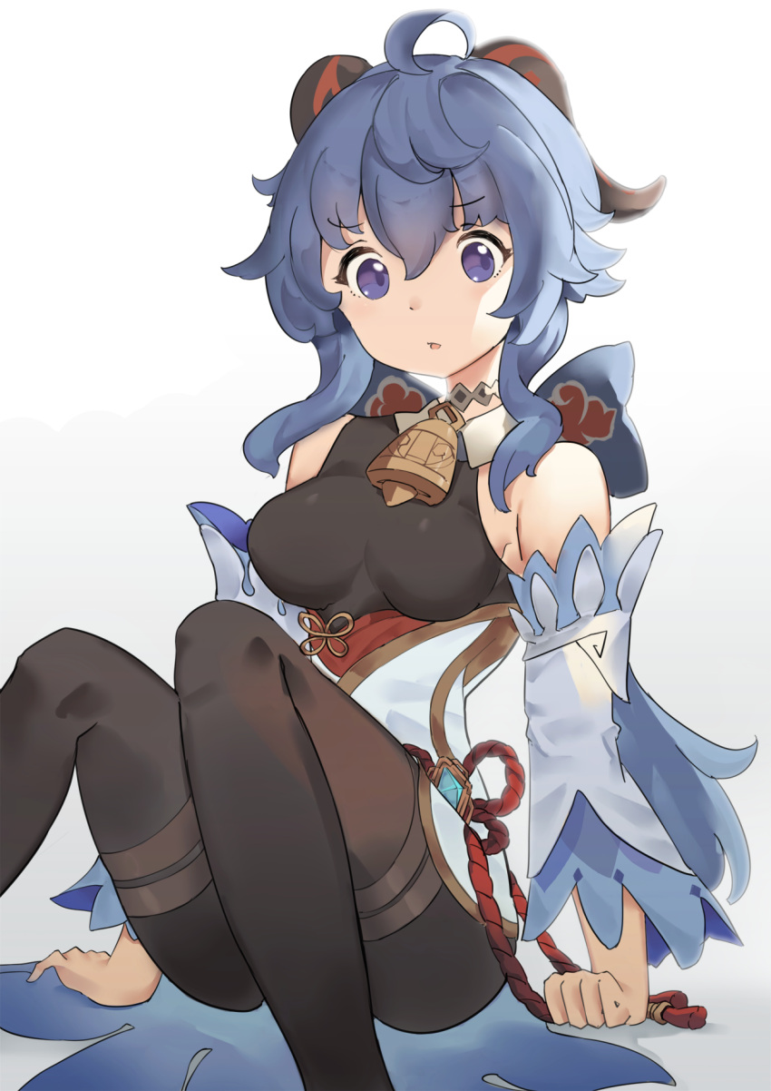 1girl ahoge bangs bare_shoulders bell black_legwear blue_hair breasts chinese_knot detached_sleeves eyebrows_visible_through_hair flower_knot ganyu_(genshin_impact) genshin_impact gold_trim highres horns knees_up long_hair looking_at_viewer medium_breasts neck_bell no_gloves open_mouth ruisha sidelocks sitting solo thighlet violet_eyes vision_(genshin_impact) white_sleeves