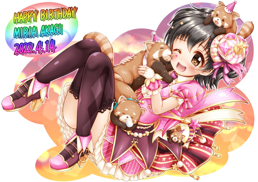 1girl ;d akagi_miria animal bangs black_hair black_legwear blush brown_eyes brown_footwear character_name commentary_request dated eyebrows_visible_through_hair facial_mark hair_between_eyes happy_birthday hat high_heels idolmaster idolmaster_cinderella_girls idolmaster_cinderella_girls_starlight_stage jacket knees_together_feet_apart knees_up licking licking_another's_cheek licking_another's_face mini_hat mini_top_hat one_eye_closed puffy_short_sleeves puffy_sleeves purple_jacket purple_skirt regular_mow shoes short_sleeves skirt smile solo star_(symbol) striped striped_headwear striped_skirt tilted_headwear top_hat vertical-striped_skirt vertical_stripes white_background