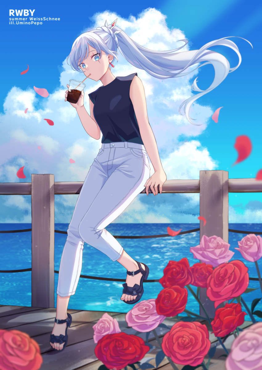 1girl absurdres artist_name black_shirt blue_eyes blue_sky casual character_name clouds copyright_name cup disposable_cup drinking drinking_straw earrings english_commentary falling_petals floating_hair flower full_body hair_ornament highres holding holding_cup ice ice_cube jewelry leaning_on_rail long_hair looking_at_viewer maguro_(guromaguro) ocean pants petals pink_flower pink_rose ponytail railing red_flower red_rose rose rwby sandals scar scar_across_eye shirt shirt_tucked_in sky sleeveless sleeveless_shirt solo sunlight toes water weiss_schnee white_hair white_pants