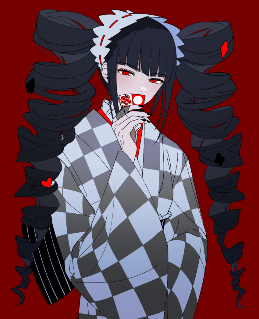 1girl bangs black_hair black_nails card celestia_ludenberg checkered_clothes checkered_kimono danganronpa:_trigger_happy_havoc danganronpa_(series) drill_hair heart highres holding holding_card japanese_clothes kimono long_hair long_sleeves looking_at_viewer nail_polish red_background red_eyes simple_background solo twin_drills twintails upper_body vo1ez wide_sleeves