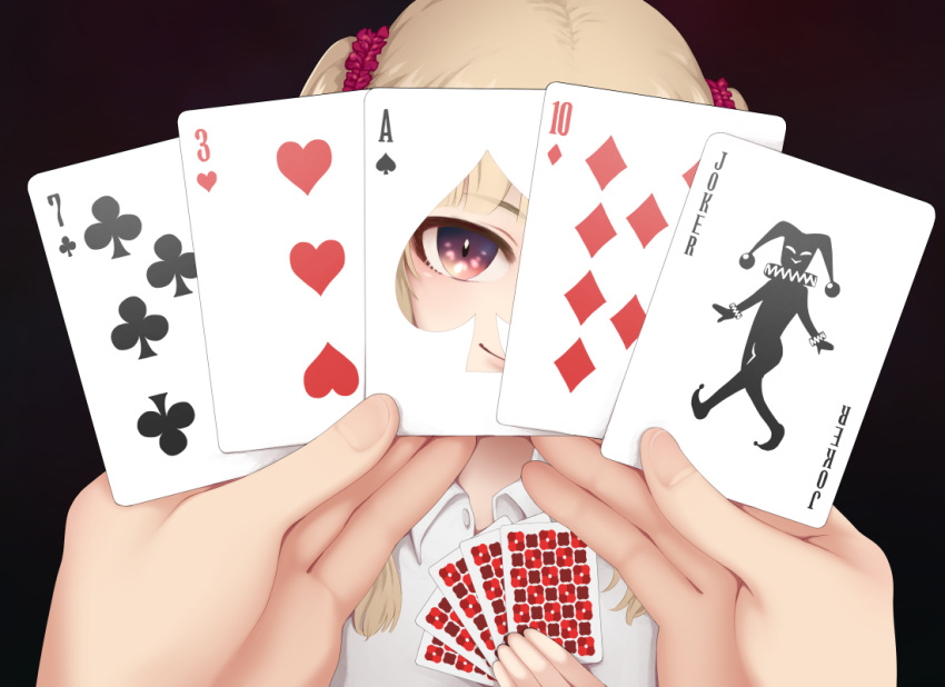 1girl black_background blonde_hair card commentary holding holding_card looking_at_viewer original playing_card pov smile twintails yajirushi_(chanoma)