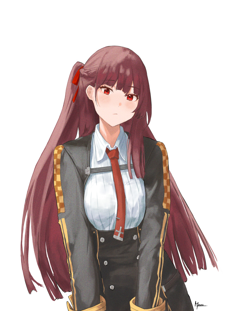 1girl absurdres artist_name bangs black_jacket blush braid closed_mouth colored_pencil_(medium) eyebrows_visible_through_hair girls_frontline graphite_(medium) hair_ribbon highres jacket long_hair long_sleeves looking_at_viewer midoku necktie purple_hair red_eyes red_necktie red_ribbon ribbon shirt side_braid side_ponytail solo standing traditional_media upper_body wa2000_(girls'_frontline) white_background white_shirt