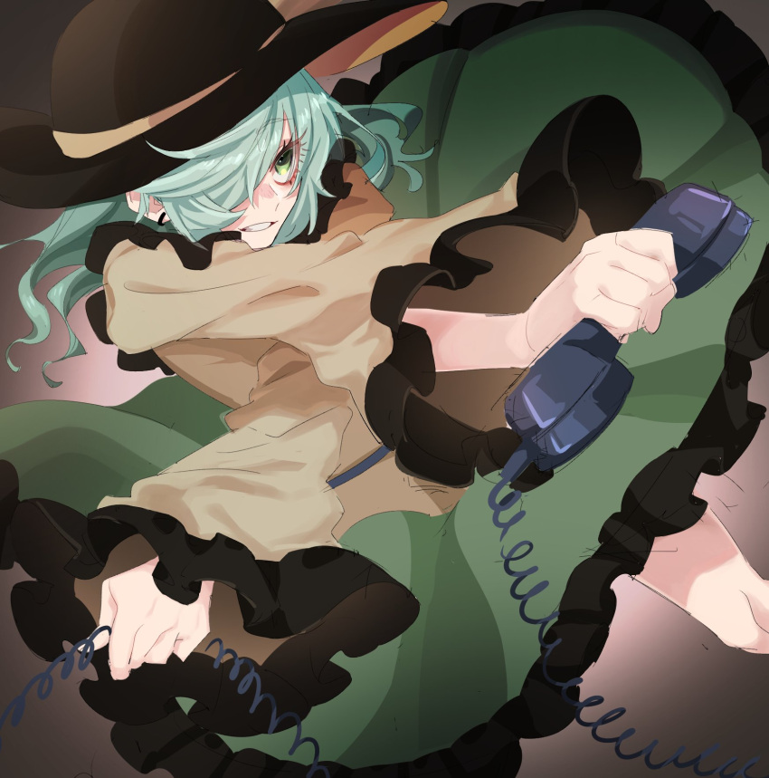 1girl black_headwear blouse crossed_arms earrings eyebrows_visible_through_hair frilled_shirt_collar frilled_skirt frilled_sleeves frills green_eyes green_hair green_skirt hair_over_one_eye hat highres holding holding_phone jewelry komeiji_koishi long_sleeves looking_afar medium_hair namataro one_eye_covered parted_lips phone skirt solo symbol-only_commentary teeth touhou wide_sleeves yellow_blouse