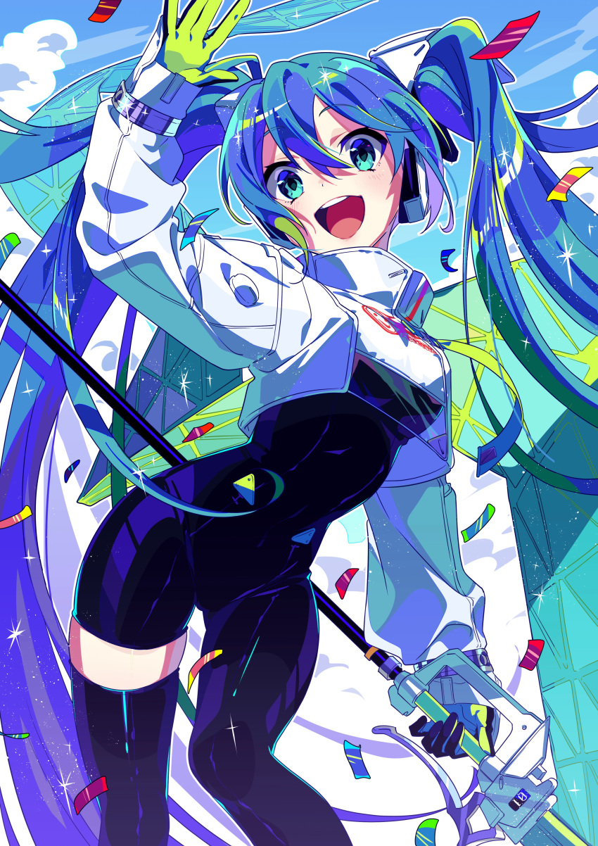 absurdres ass_visible_through_thighs blue_eyes blue_hair bodysuit breasts eyebrows_visible_through_hair feet_out_of_frame gloves goodsmile_racing hair_between_eyes hatsune_miku highres long_hair long_sleeves looking_at_viewer medium_breasts open_mouth racing_miku racing_miku_(2022) single_thighhigh teeth thigh-highs tongue twintails very_long_hair vocaloid yuigahama_(user_nevh3547)