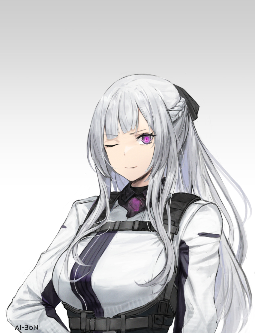 1girl absurdres ak-12_(girls'_frontline) artist_name bangs braid breasts closed_mouth defy_(girls'_frontline) eyebrows_visible_through_hair girls_frontline hair_ribbon harness highres long_hair long_sleeves looking_at_viewer medium_breasts midoku one_eye_closed ribbon shirt side_braid silver_hair simple_background smile solo tactical_clothes upper_body violet_eyes white_background white_shirt