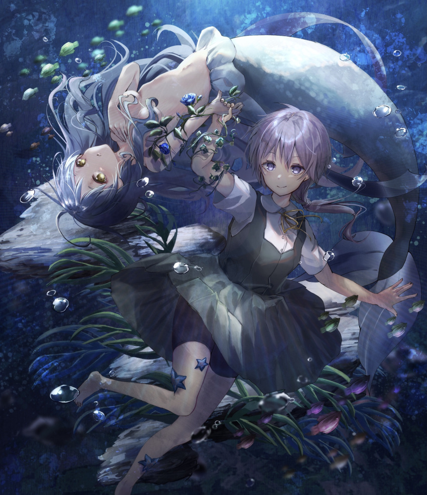 2girls ahoge air_bubble bangs blue_flower blue_hair blue_rose brown_eyes bubble cago032 closed_mouth clothed_female_nude_female commentary_request covering covering_breasts eyebrows_visible_through_hair fish flower green_skirt hair_censor hair_over_breasts highres long_hair long_skirt looking_at_viewer mermaid monster_girl multiple_girls nude original pantyhose rose shirt short_hair skirt smile swimming underwater violet_eyes white_shirt
